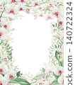 Watercolor square frame of white phalaenopsis orchids with large green leaves and pearl necklaces on a clean white background Category Plants and Flowers 140722324