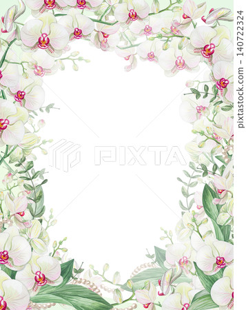Watercolor square frame of white phalaenopsis orchids with large green leaves and pearl necklaces on a clean white background Category Plants and Flowers Watercolor square frame of white phalaenopsis orchids with large green leaves and pearl necklaces on a clean white background Category Plants and Flowers 140722324