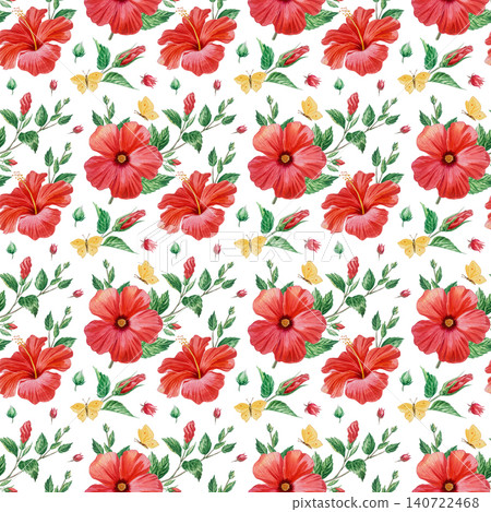 Red hibiscus flowers and yellow butterflies in watercolor seamless pattern Red hibiscus flowers and yellow butterflies in watercolor seamless pattern 140722468