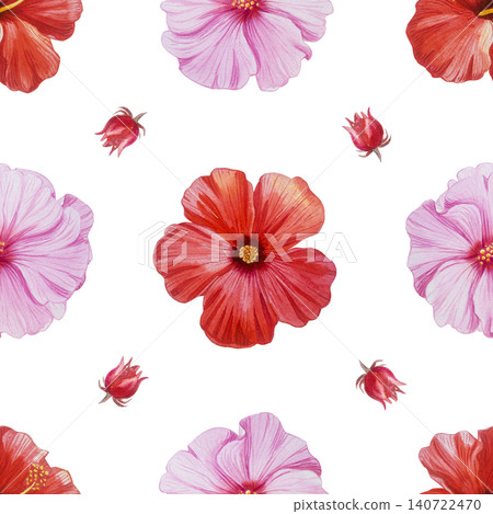Red and pink hibiscus flowers in watercolor seamless pattern. Red and pink hibiscus flowers in watercolor seamless pattern. 140722470