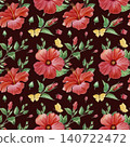 Red hibiscus flowers and green leaves in beautiful watercolor seamless pattern 140722472