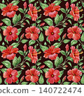 Red hibiscus flowers in beautiful watercolor seamless pattern 140722474