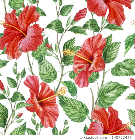 Red hibiscus flowers, branches and buds in beautiful watercolor seamless pattern Red hibiscus flowers, branches and buds in beautiful watercolor seamless pattern 140722475