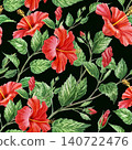 Red hibiscus flowers and branches in beautiful watercolor seamless pattern. 140722476