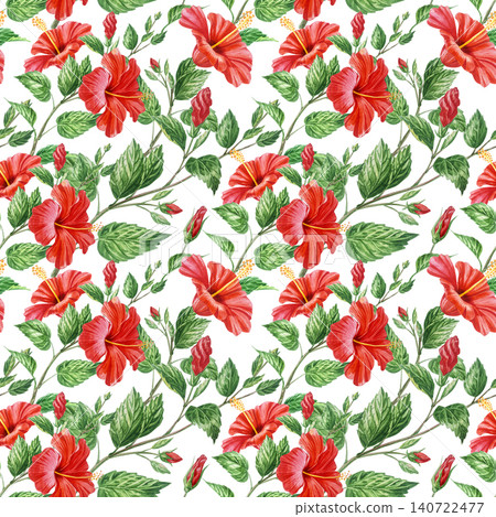 Red hibiscus flowers in beautiful watercolor pattern Red hibiscus flowers in beautiful watercolor pattern 140722477