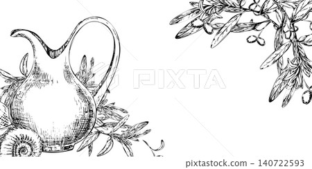 Ceramic clay jug and organic olive branch layout background. Engraved botanical graphics for Mediterranean slow living branding, artisan product packaging design, and eco boutique logo 140722593
