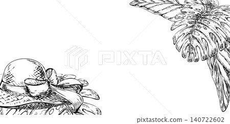 Monstera palm leaf and summer panama hat border element. Engraved botanical graphics for organic suncare packaging, wellness spa identity, natural beauty product label, and eco logo template Monstera palm leaf and summer panama hat border element. Engraved botanical graphics for organic suncare packaging, wellness spa identity, natural beauty product label, and eco logo template 140722602
