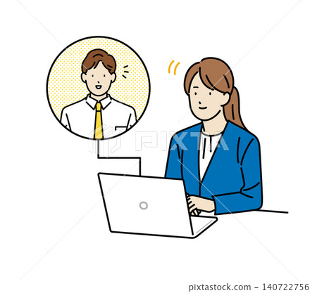 Illustration material: Business person working on a computer, remote meeting, remote work image Illustration material: Business person working on a computer, remote meeting, remote work image 140722756