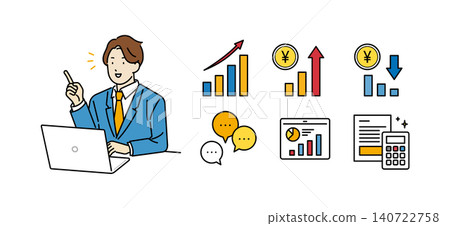 Illustration material: Male business person talking in front of a PC and icon set 140722758