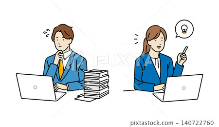 Illustration material: A troubled male business person and a female business person who has an idea. Illustration material: A troubled male business person and a female business person who has an idea. 140722760
