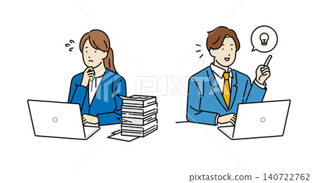Illustration material: A troubled female business person and a male business person who has an idea. Illustration material: A troubled female business person and a male business person who has an idea. 140722762
