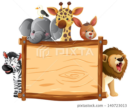 Cartoon Safari Animals Around Wooden Blank Signboard 140723013