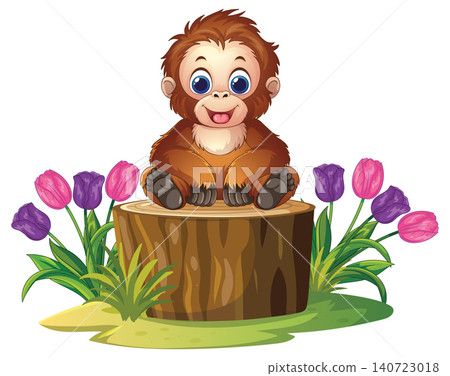Cute Cartoon Orangutan Sitting on a Tree Stump with Flowers Cute Cartoon Orangutan Sitting on a Tree Stump with Flowers 140723018
