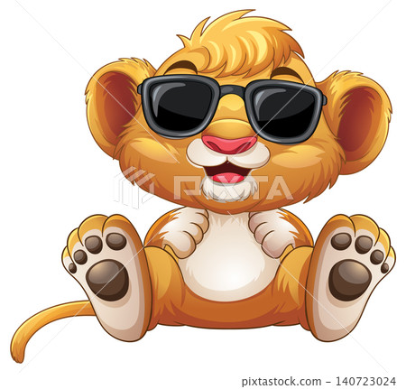 Adorable Sitting Baby Lion Cub Wearing Stylish Sunglasses Isolated on White Adorable Sitting Baby Lion Cub Wearing Stylish Sunglasses Isolated on White 140723024