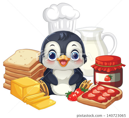 Cute Cartoon Penguin Chef with Bread Jam and Milk Breakfast Illustration Cute Cartoon Penguin Chef with Bread Jam and Milk Breakfast Illustration 140723065