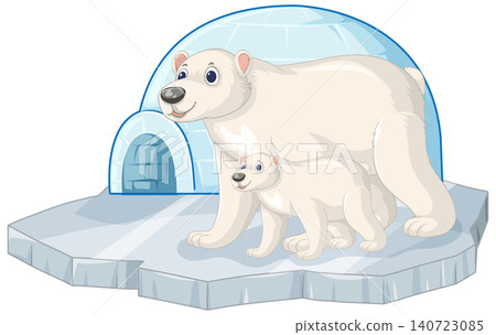 Cartoon Polar Bear and Cub Standing on Ice Near an Igloo Cartoon Polar Bear and Cub Standing on Ice Near an Igloo 140723085