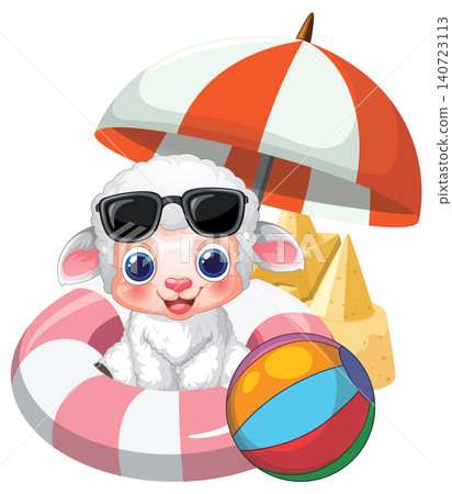 Cute Cartoon Lamb Relaxing at the Beach with Summer Accessories Cute Cartoon Lamb Relaxing at the Beach with Summer Accessories 140723113