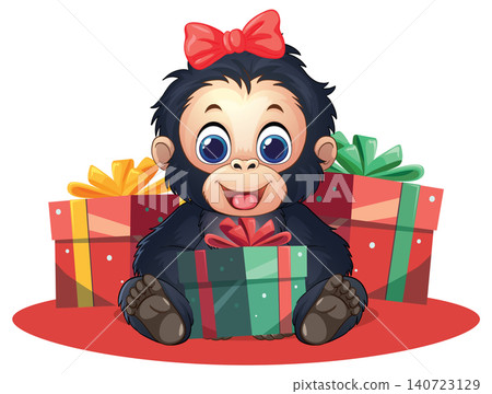 Cute Cartoon Gorilla Sitting with Wrapped Holiday Gift Boxes 140723129