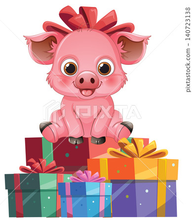Cute Pink Piglet Sitting on Colorful Gift Boxes with Red Bow Cute Pink Piglet Sitting on Colorful Gift Boxes with Red Bow 140723138
