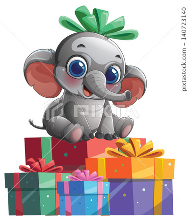 Cute Baby Elephant Sitting on Colorful Wrapped Birthday Gift Boxes 140723140