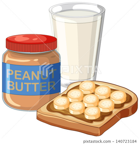 Peanut Butter Jar with Banana Toast and Glass of Milk Peanut Butter Jar with Banana Toast and Glass of Milk 140723184