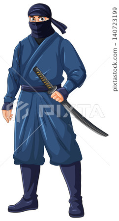 Japanese Ninja Warrior Standing with Katana Sword in Blue Uniform Japanese Ninja Warrior Standing with Katana Sword in Blue Uniform 140723199