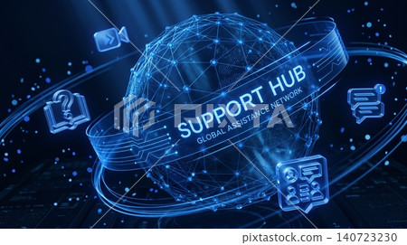 Support hub global assistance network concept with digital globe and icons representing customer service and technical help on a futuristic dark background Support hub global assistance network concept with digital globe and icons representing customer service and technical help on a futuristic dark background 140723230