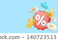 Summer sale banner concept with a percentage sign, daisies, and butterflies on a blue background for seasonal promotions, discounts, and special offers. 3d render	 140723513