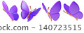 Set of purple 3D butterflies, flying in different angles, isolated on background. Cute cartoon insects for spring and summer design, stickers, kids. 3d render	 140723515
