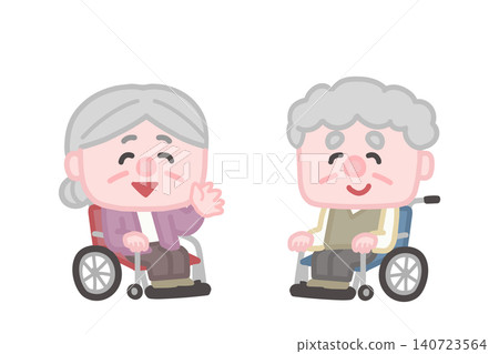 Seniors in wheelchairs happily chatting Seniors in wheelchairs happily chatting 140723564