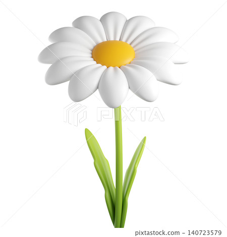 Cute 3D plastic Daisy Flower. Cartoon chamomile bubble bloom with white petals for spring and summer design. 3d render	 140723579