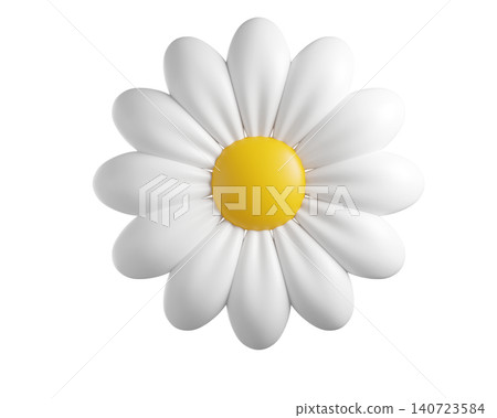Cute 3D plastic Daisy Flower. Cartoon chamomile bubble bloom with white petals for spring and summer design. 3d render	 140723584