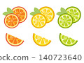 Set of citrus fruit. Orange, lemon, and lime with slices, isolated on a background. Cartoon vector icons for food, summer, juice, tropical themes. 140723640
