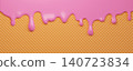 Pink glossy ice cream dripping on a waffle texture background. Sweet dessert with paint or glaze, with copy space for banner. 3d rendering 140723834