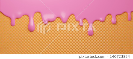 Pink glossy ice cream dripping on a waffle texture background. Sweet dessert with paint or glaze, with copy space for banner. 3d rendering 140723834