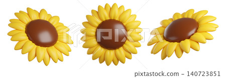 3d Sunflower icon with yellow petals and brown center, isolated on background. Blooming Flower for spring, summer, autumn, harvest 140723851