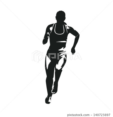 Run. Vector silhouette of a female sprinter running toward the viewer. Front view of a woman athlete in motion during a sprint race. Dynamic track and field illustration showing speed, power and Run. Vector silhouette of a female sprinter running toward the viewer. Front view of a woman athlete in motion during a sprint race. Dynamic track and field illustration showing speed, power and 140723897