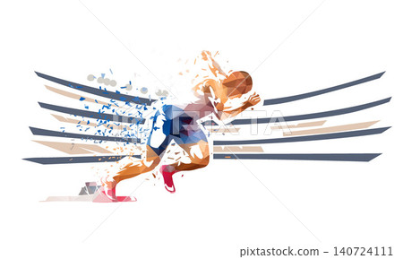 Dynamic illustration of a sprinter exploding from starting blocks in a stadium, combining low poly elements, motion fragments and energetic lines to express speed, power and athletic performance. 140724111