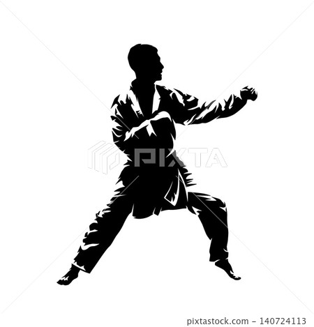 High contrast vector illustration of male karate fighter in kimono standing in fighting stance, side view silhouette. Martial arts concept isolated on white background High contrast vector illustration of male karate fighter in kimono standing in fighting stance, side view silhouette. Martial arts concept isolated on white background 140724113