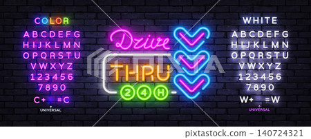 Editable Dive Thru 24H neon sign with colorful arrows and glowing letters. Vibrant retro template for nightlife venue, bar entrance, cafe decor and entertainment advertising. 140724321