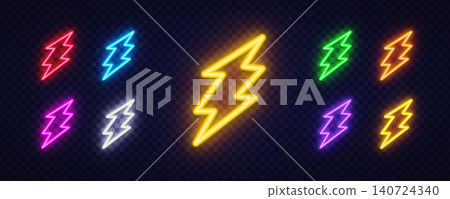Set of 9 neon glowing wide lightning bolt icons in yellow, red, blue, green, orange, pink, purple and white on dark transparent background 140724340