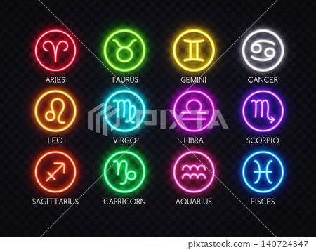 Bright zodiac neon icons in circular frames with luminous glow. Astrology symbol pack for horoscope template, cosmic poster and spiritual illustration. Bright zodiac neon icons in circular frames with luminous glow. Astrology symbol pack for horoscope template, cosmic poster and spiritual illustration. 140724347