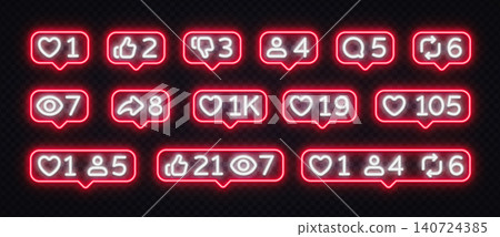 Neon red social media notification set with like, follow, comment, share, view counters and combined badges on dark background. Glowing UI kit for app, website or streaming platform 140724385