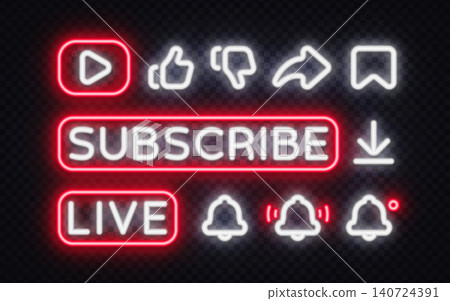 Neon red Subscribe and Live buttons with play, like, dislike, share, bell and download icons on dark background. Glowing UI kit for video channel or streaming platform design Neon red Subscribe and Live buttons with play, like, dislike, share, bell and download icons on dark background. Glowing UI kit for video channel or streaming platform design 140724391