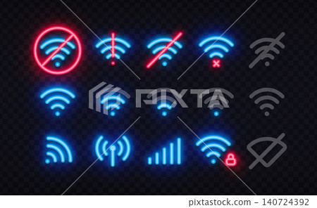 Neon wireless technology icons including Wi-Fi, antenna, signal bars, secure connection, and hidden network. Modern glowing symbols for connectivity and telecom design. Neon wireless technology icons including Wi-Fi, antenna, signal bars, secure connection, and hidden network. Modern glowing symbols for connectivity and telecom design. 140724392