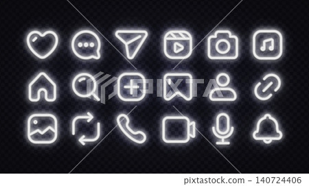 Set of 18 white neon glowing social media icons including heart, chat, camera, home, search, bell and more on dark background. Minimal UI icon kit for app or website design Set of 18 white neon glowing social media icons including heart, chat, camera, home, search, bell and more on dark background. Minimal UI icon kit for app or website design 140724406