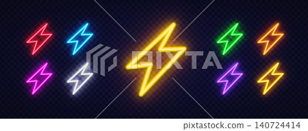 Set of 9 neon glowing thin lightning bolt icons in multiple colors including yellow, red, blue, green, purple and pink on dark transparent background. Electric symbols for game, sport or power design. Set of 9 neon glowing thin lightning bolt icons in multiple colors including yellow, red, blue, green, purple and pink on dark transparent background. Electric symbols for game, sport or power design. 140724414
