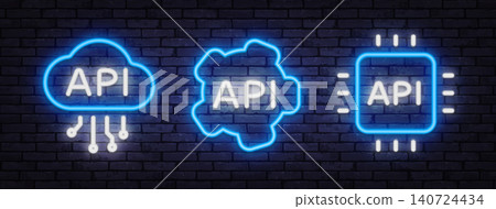 Neon API icon set with cloud, processor and digital network symbols. Futuristic technology collection for software development, coding or data systems. 140724434