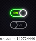 Neon green glowing On toggle switch with inactive gray Off version on dark transparent background. Realistic UI element for app settings, website or game design. 140724440