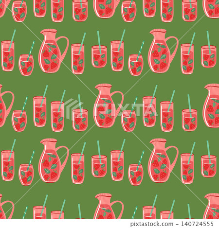 Strawberry lemonade vector seamless pattern. Summer drink in ribbed glasses with straws, pitcher with berry juice, strawberries, mint leaves on green background. Refreshing beverage repeat tile Strawberry lemonade vector seamless pattern. Summer drink in ribbed glasses with straws, pitcher with berry juice, strawberries, mint leaves on green background. Refreshing beverage repeat tile 140724555